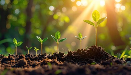Row of small plants growing in soil, showing various stages of growth, under a bright, warm sunlight with blurry green forest in the background