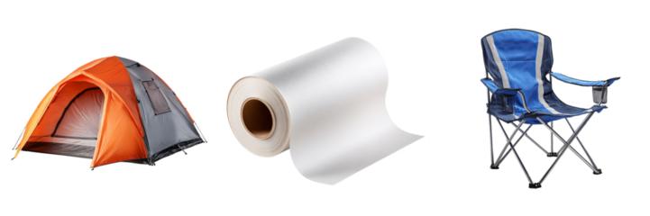 Set of 3 camping tent, tissue roll, and folding chair PNG for outdoor trip design