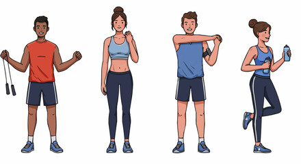 Obraz premium Diverse individuals preparing for or recovering from a workout, showcasing various warm-up and cool-down exercises.