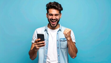 Ecstatic bearded man holding phone, fist pumped in triumph, against a vibrant blue background, conveying joy and success