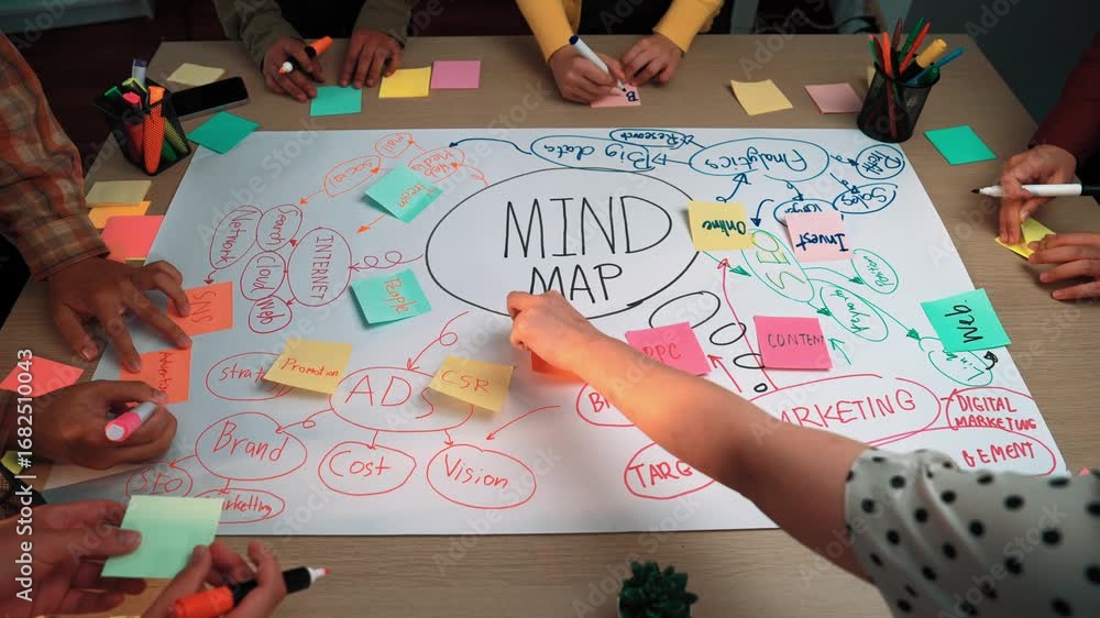 Aufkleber a diverse team collaborates around a table, creating a mind map on marketing strategies. colorful pe