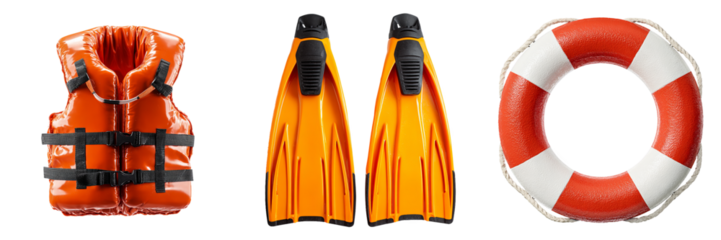 Set of 3 life jacket, fins, and lifebuoy PNG for water sport design