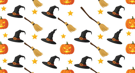Halloween seamless pattern featuring pumpkins, witch hats, brooms, and stars, perfect for festive backgrounds and decorations