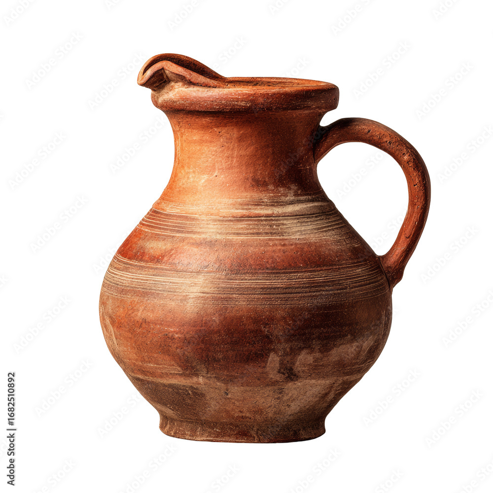 Poster rustic earthenware jug with subtle horizontal banding against an infinite void, showcasing craft
