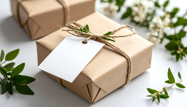 Wrapped gift box in brown craft paper tied with twine and green sprigs, ready for personalization