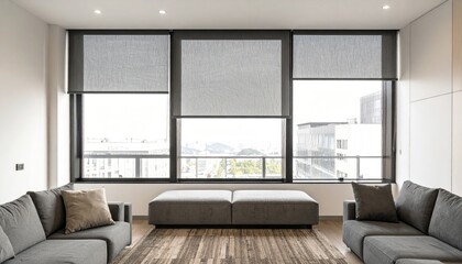 Obraz premium Bright living room features three large windows covered with roller shades, with gray couches and wooden floor, showcasing minimalist design