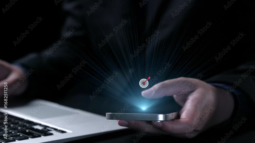 Poster engaging digital concept showing a target icon surrounded by various business-related visuals, illus
