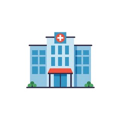 Obraz premium Flat design illustration of a modern hospital building with a red cross symbol on a white background.