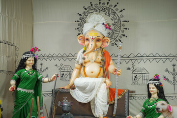 Tribal style Ganesh idol, Artistic Ganesha with village women, Traditional Ganpati decoration,...