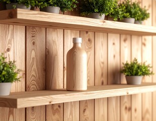 A rustic wooden shelf adorned with a variety of vibrant green plants, including succulents and trailing vines, creating a cozy, natural ambiance.
