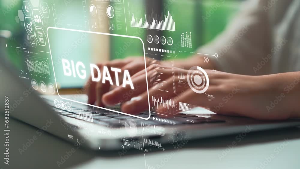Poster professional hands typing on laptop with big data graphics and digital elements representing technol