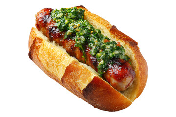 Argentina Choripn grilled chorizo sausage sandwich topped with green chimichurri sauce, isolated on white transparent background. Concept of gourmet South American Cuisine street food