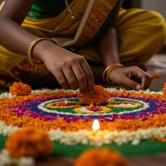 
Woman creating colorful rangoli with flower petals for Onam celebration in India. Onam Pookalam for Kerala's harvest festival celebrating King Mahabali's return.