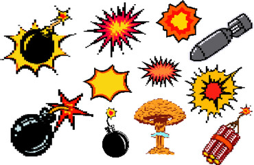 Set of mosaic vintage explosion icons. Pixel bomb icons. Vector illustration