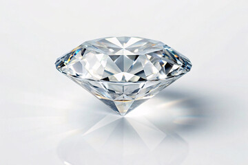 Brilliant cut diamond with multiple facets reflecting light, creating prismatic sparkles on white reflective surface below