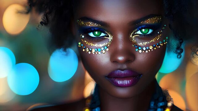 video of A striking portrait of a Black woman with jewel-like mosaic face paint, captivating green-gold eyes, and deep purple lips. A softly blurred background with glowing bokeh enhances the mystery 
