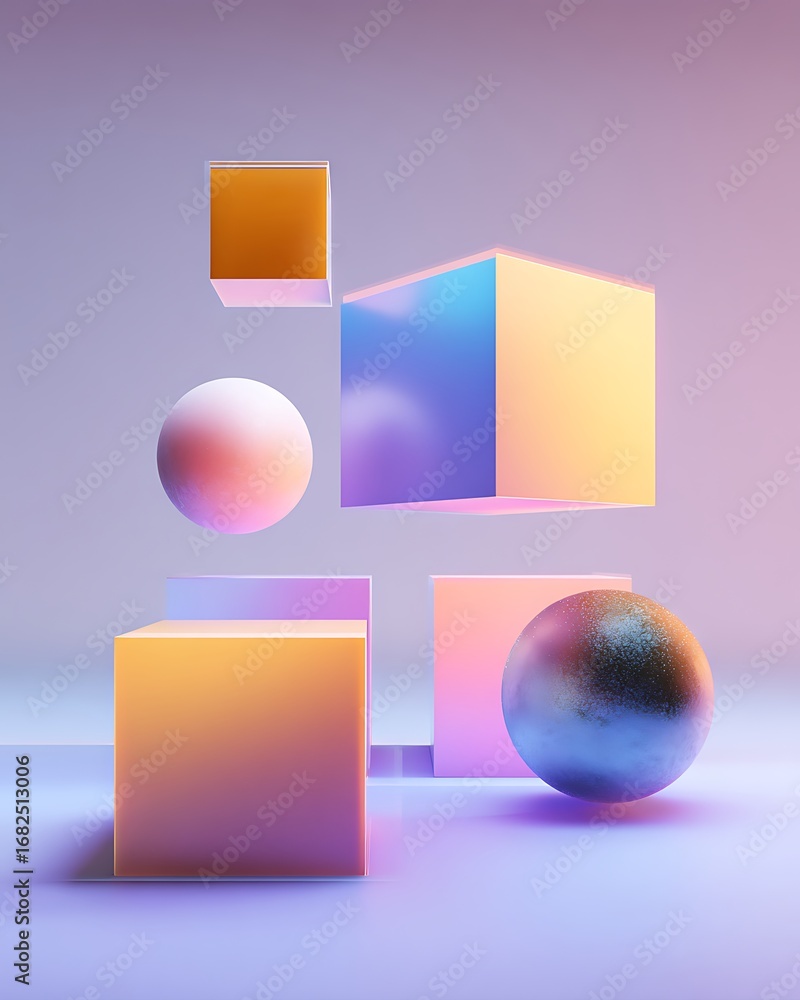 Poster vibrant abstract 3d render geometric shapes spheres cubes gradient background