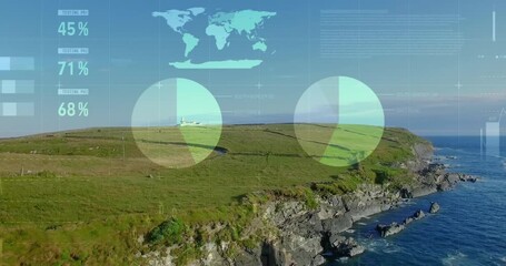 Statistical data processing against aerial view of landscape with grassland, sea and blue sky - Powered by Adobe