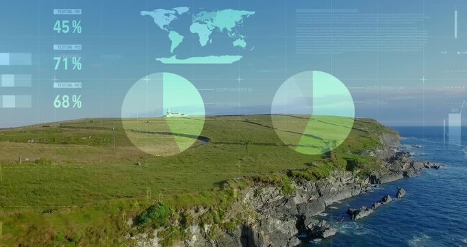Statistical data processing against aerial view of landscape with grassland, sea and blue sky - Powered by Adobe