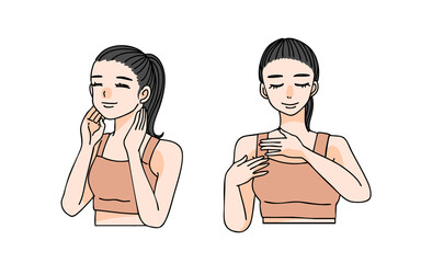 スキンケア・リンパマッサージをする女性のイラスト