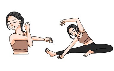 フィットネスをする女性・ストレッチをする女性の手書きイラスト