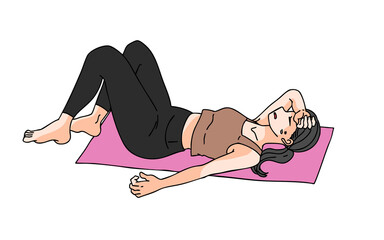 ヨガマットの上で汗を流して疲れる女性のイラスト