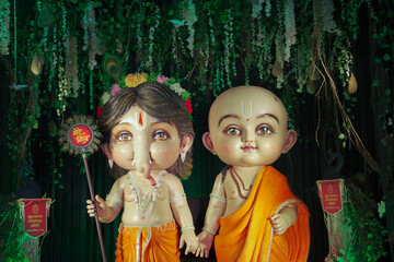 Child Ganesh and friend idol, Cute Ganpati with companion statue, Artistic baby Ganesha murti,...