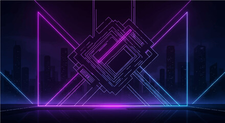 Fototapeta premium Glowing geometric portal in a futuristic cyber world with vibrant pink and blue neon lights on a reflective stage