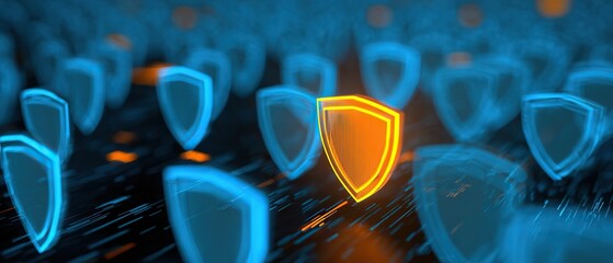 3D illustration of glowing blue shield icons with one distinctive orange shield, symbolizing cybersecurity, internet safety, data protection, anti-hacking, and online privacy technology background