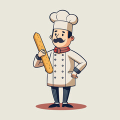 Vintage French Bakery Chef Vector Illustration, Holding Baguette, Pastel Colors, Culinary Art, Cartoon Character, Bakery Logo, Food Design