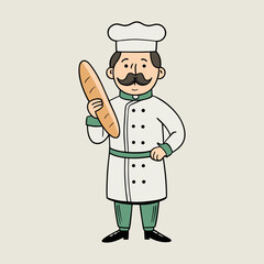 Vintage French Bakery Chef Vector Illustration, Holding Baguette, Pastel Colors, Culinary Art, Cartoon Character, Bakery Logo, Food Design
