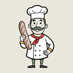 Vintage French Bakery Chef Vector Illustration, Holding Baguette, Pastel Colors, Culinary Art, Cartoon Character, Bakery Logo, Food Design