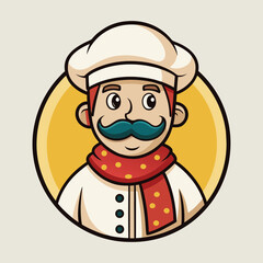 Italian Pizza Chef Vector Illustration with Mustache and Scarf, Flat Design Cartoon, Traditional Culinary Character, Pizzeria Cooking Icon