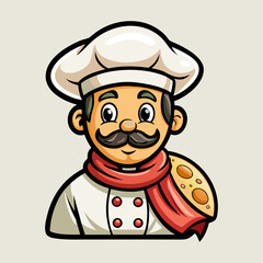 Italian Pizza Chef Vector Illustration with Mustache and Scarf, Flat Design Cartoon, Traditional Culinary Character, Pizzeria Cooking Icon