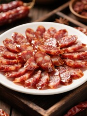Sliced Sausages Arranged on a White Plate with Additional Sausages in the Background