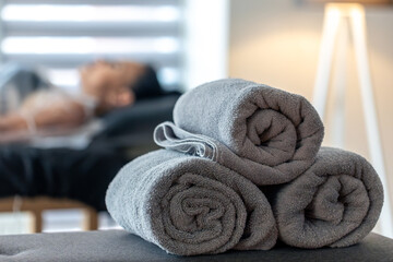 Stylish stack of spa towels. Soft focus and cozy mood