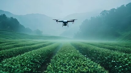 A drone flying over tomato fields, distributing fertilizer and showcasing the innovations of precision farming