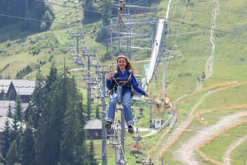 Solo zipline ride. Carpathians from above.