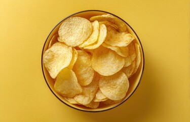 crispy potato chips arranged neatly in a bowl on yellow background
