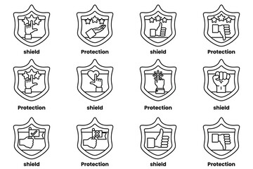A set of 12 shields with the word protection written on them