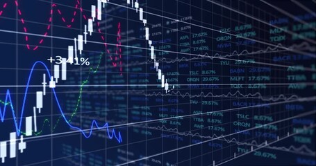 Digital animation of financial and stock market data processing against blue background - Powered by Adobe