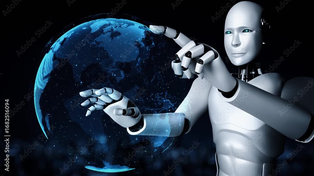 Aufkleber ai hominoid robot touching virtual hologram screen showing concept of big data analytic using artifi