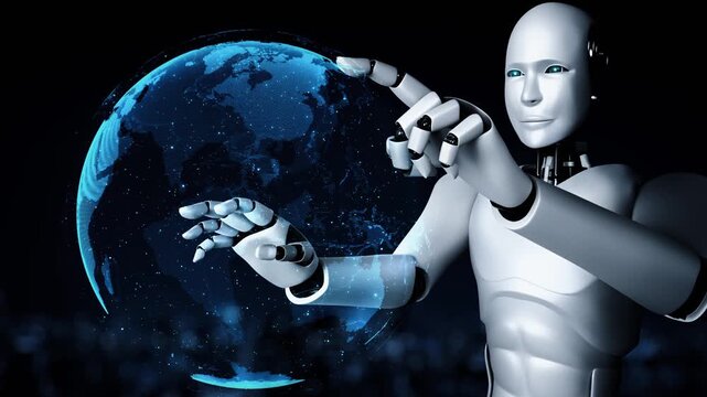AI hominoid robot touching virtual hologram screen showing concept of big data analytic using artificial intelligence thinking by machine learning process. 3D rendering.