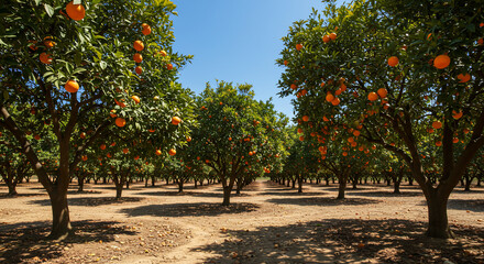 Rows of orange trees laden with ripe fruit stretch into the distance under a clear blue sky in an orchard.