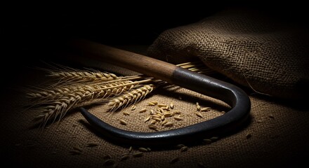 暗闇に浮かぶ麦と農具　収穫後の静寂な農村風景写真