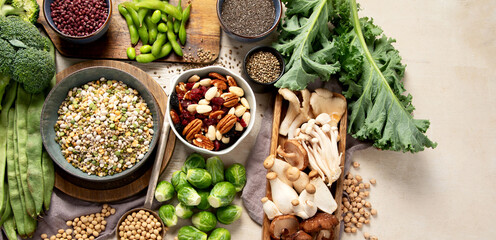 Asortment of plant based vegan protein products. Healthy eating.
