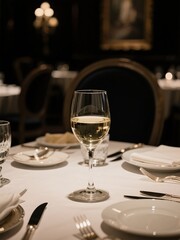 Fototapeta premium Elegant dining table set with white wine glass, fine china, and silverware in a sophisticated restaurant ambiance.
