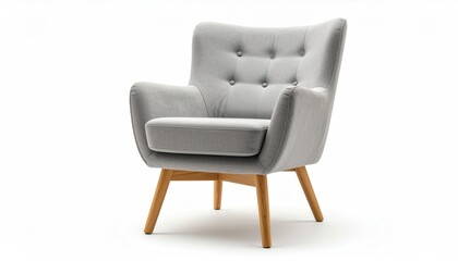A cozy, light grey armchair with tufted back, wooden legs, against a white backdrop, creating a clean and modern aesthetic