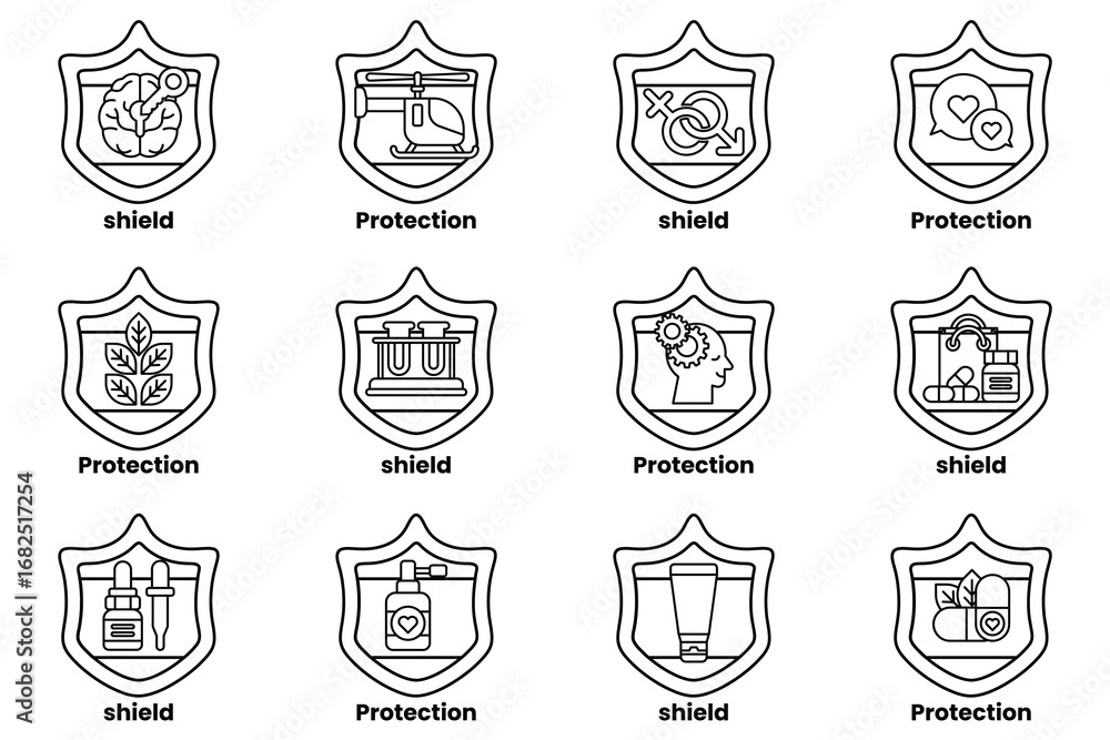 Poster the image is a set of 12 shields with different designs and colors