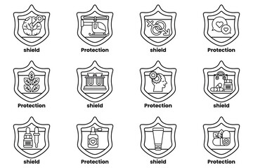 The image is a set of 12 shields with different designs and colors